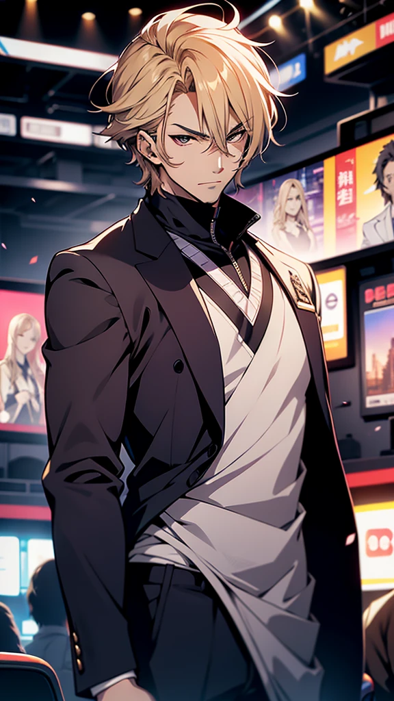 A host,Television, He is nearby, Anime handsome man, Looking at the audience, high resolution, Super sharp, 8K, masterpiece