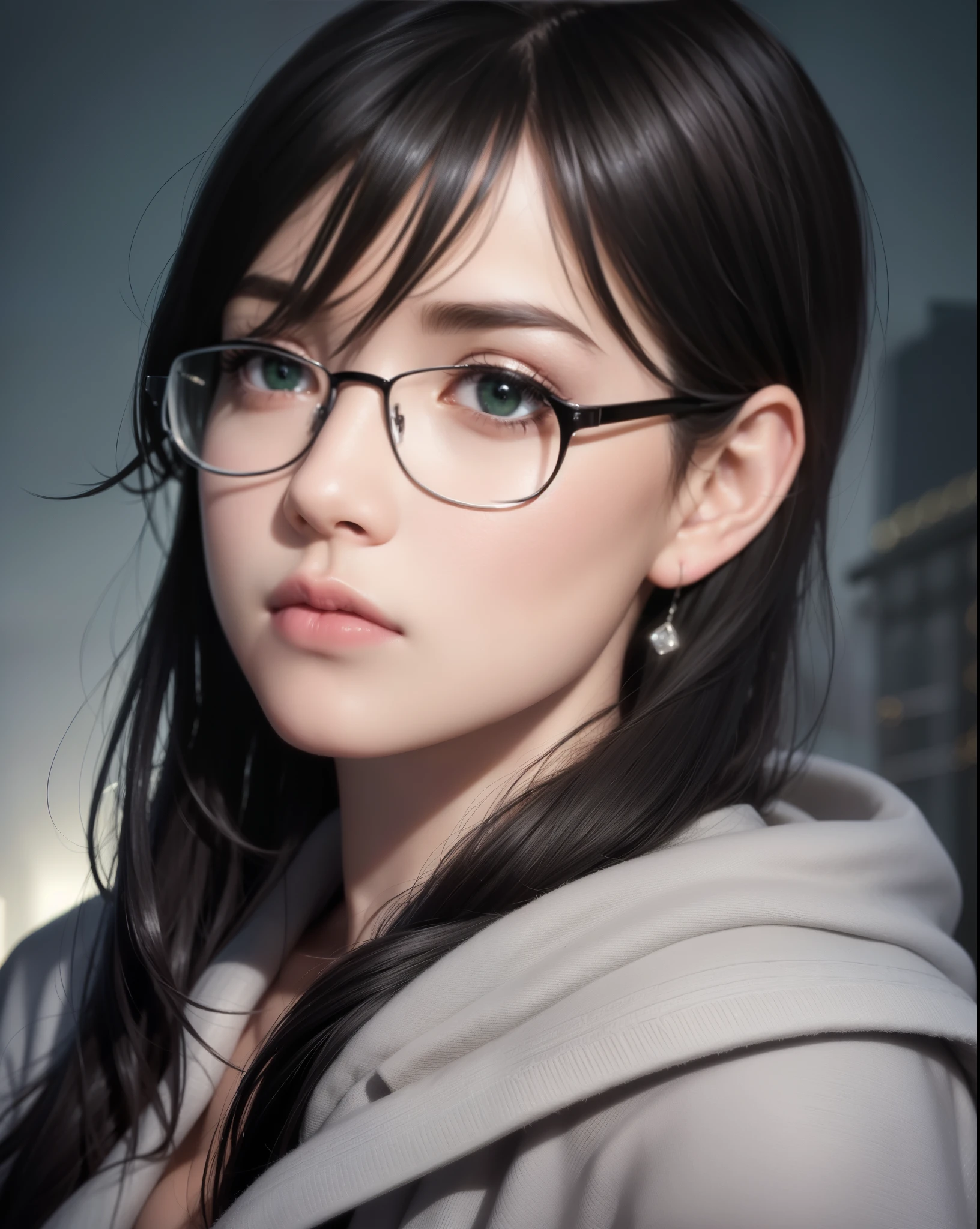 Best quality, volumetric lighting, cinematic lighting, masterpiece, ultra high res, 4k, (soft round detailed face), (sad expression), (detailed green eyes), bags under eyes, thick eyebrows, depressed, melancholy, (wearing rounded glasses), (very pale light skin), detailed black hair, ((long messy greasy hair)), (plain black hoodie), black stud earrings, black nail varnish, unwashed, unkempt, disheveled, sodium streetlamps, midnight, dark clouds, London, snow