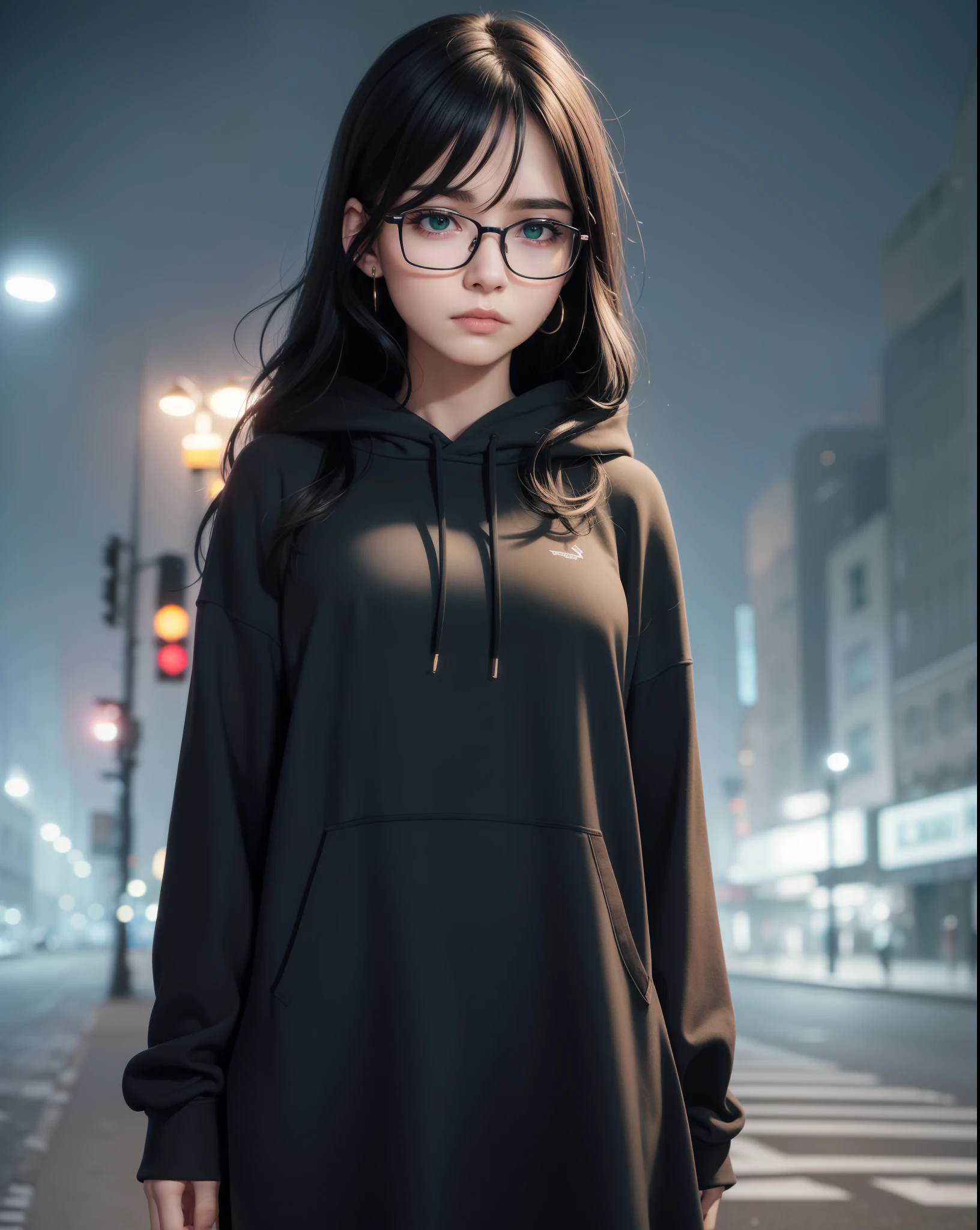 Best quality, volumetric lighting, cinematic lighting, masterpiece, ultra high res, 4k, (soft round detailed face), (sad expression), (detailed green eyes), bags under eyes, thick eyebrows, depressed, melancholy, (wearing rounded glasses), (very pale light skin), detailed black hair, ((long messy greasy hair)), (plain black hoodie), black stud earrings, black nail varnish, unwashed, unkempt, disheveled, sodium streetlamps, midnight, dark clouds, London, snow