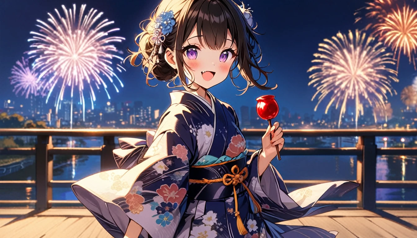 1girl, kawaii, looking at viewer, blush, smile, open mouth, bangs, brown hair, black hair, hair ornament, long sleeves, hair between eyes, standing, purple eyes, flower, :d, sidelocks, cowboy shot, outdoors, food, japanese clothes, sky, fang, hair flower, wide sleeves, kimono, blurry, from side, sash, night, obi, floral print, holding food, night sky, reflection, blue flower, yukata, railing, fireworks, bridge, candy apple, aerial fireworks