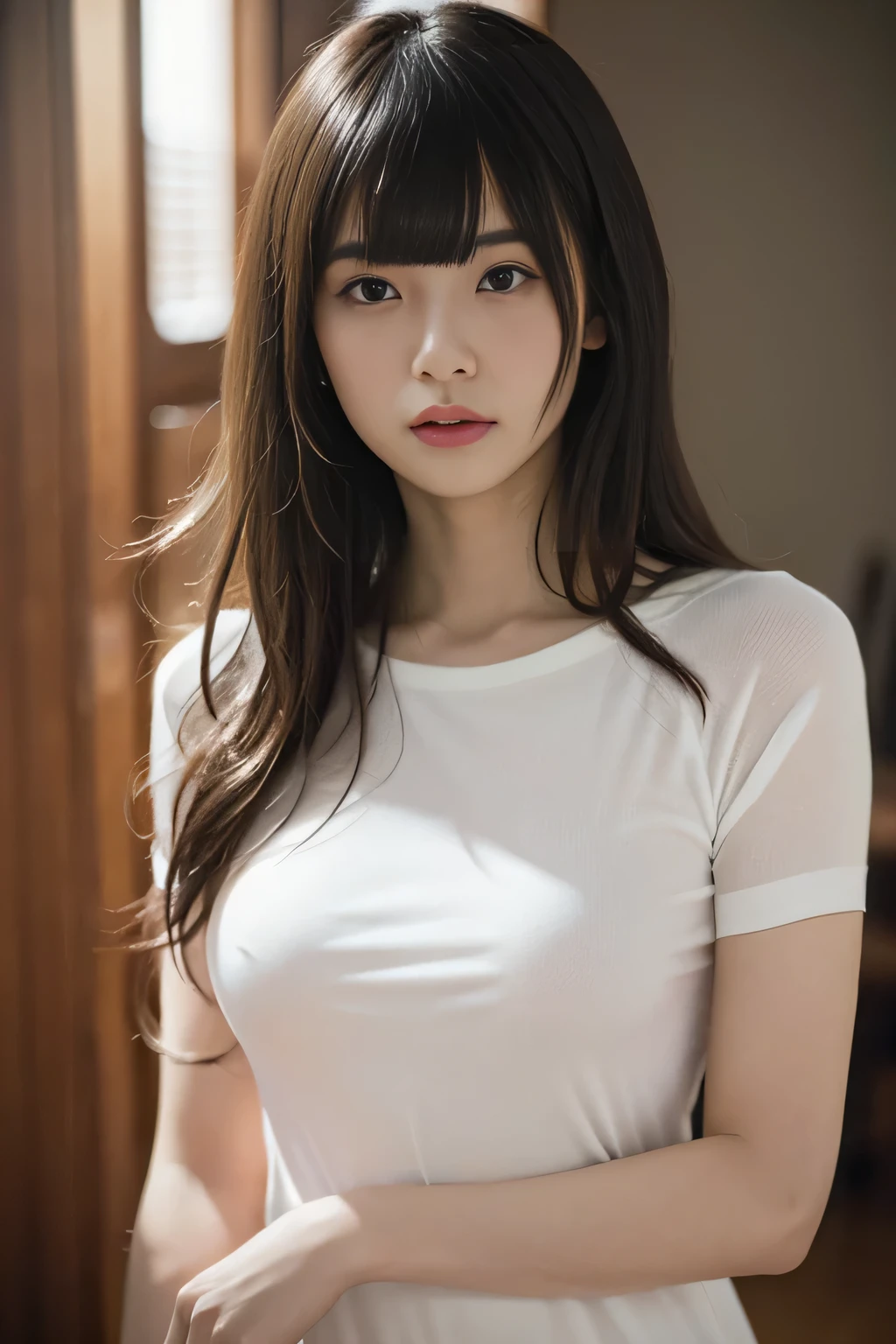 Random Pause, Mix 4,8K, RAW Photos, Highest quality, masterpiece: 1.45), (Realistic, photoRealistic: 1.37), one girl, cute,, , Professional Lighting, Photon Mapping, , Physically Based Rendering, ,,, {white,Sheer, tight short-sleeved turtleneck:1.2):Nipples}, White skin, best quality photos, High resolution, 1080P, (Clear Face), (Detailed face description), (Detailed hand description), (masterpiece), ), Extreme light and shadow, (Straight Hair:1.5}, masterpiece, Rich details, (Beautiful Face), (Highest quality photo ), (masterpiece), (bangs:1.5), Look in front of you, Thin clavicle, (Small breasts:1.4),