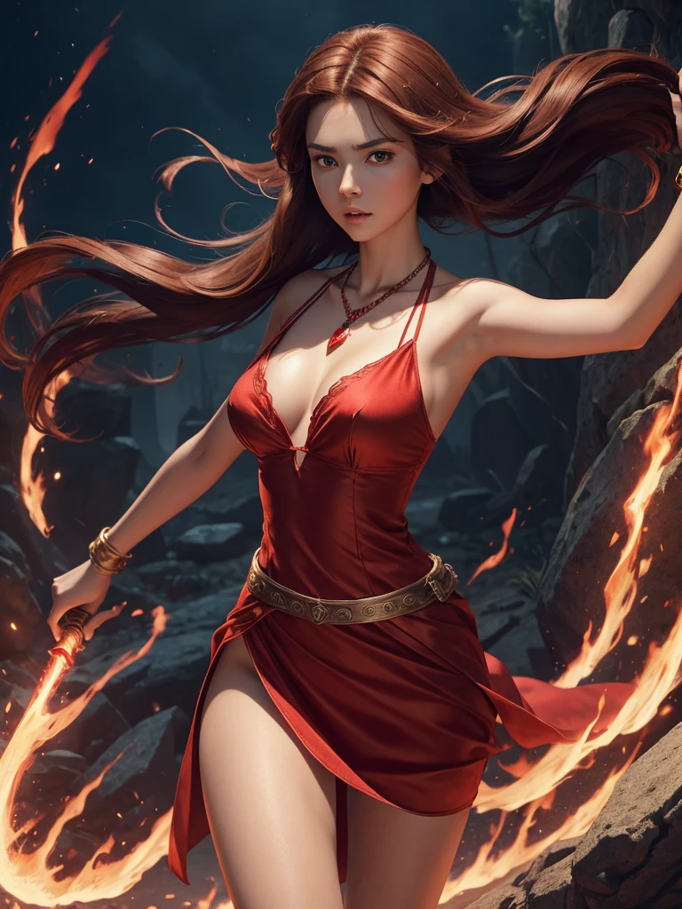 8K. A red princess in a fantasy setting with a brown hair. Wearing a sexy red silky princess dress with cleavage. No pants. Red Ruby stone necklace. Crown. Bracelet. She is rather slim. Very small breasts. Small hips and long thin legs. White skin. A narrow soft face. Soft round chin. A very long and big nose. Cute curved lips. Big upturned eyes. Very bright and barley visible eyebrows. Very very thin eyebrows. Long neck. Courageous and Adventurous personality. backgrounds: battlefield. Red flame sword. Fighting scene. dynamic pose
