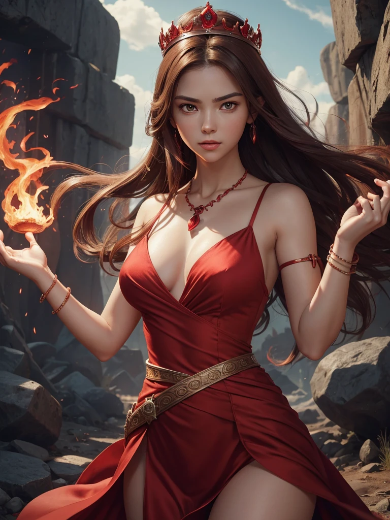 8K. A red princess in a fantasy setting with a brown hair. Wearing a sexy red silky princess dress with cleavage. No pants. Red Ruby stone necklace. Crown. Bracelet. She is rather slim. Very small breasts. Small hips and long thin legs. White skin. A narrow soft face. Soft round chin. A very long and big nose. Cute curved lips. Big upturned eyes. Very bright and barley visible eyebrows. Very very thin eyebrows. Long neck. Courageous and Adventurous personality. backgrounds: battlefield. Red flame sword. Fighting scene. dynamic pose