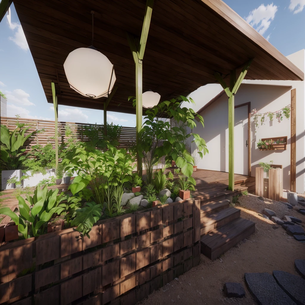 there is a small garden with plants and a wooden structure, rendered in lumion pro, rendered in lumion, enscape render, rendered in enscape, detail render, highly rendered!!, detailed render, plants and patio, lumion render, very detailed render, fully detailed render, rendered in povray, natural realistic render, rendered in unreal engine 6