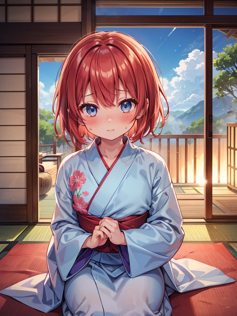 yukata,sweaty,steam_from_body,blush,bronde_hair,short_hair,red_hair_band,cute_face,1_girl,beautiful,good_anatomy,best_quality,light_blue_eyes,tatami room
