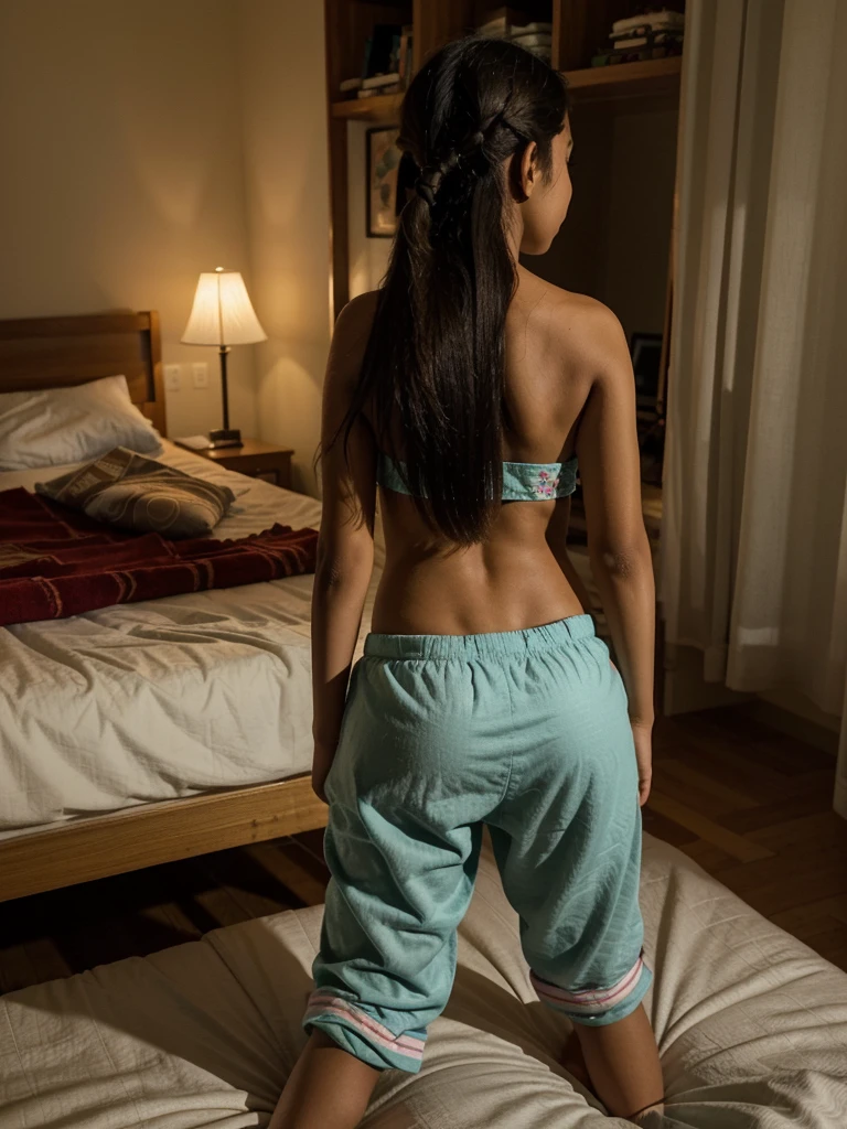 indigenous grils from a tribre from bazil, 12 year old girl standing in a bed on small bedroom foto from back, crouched leaning forward, at night, wearing pijamas short