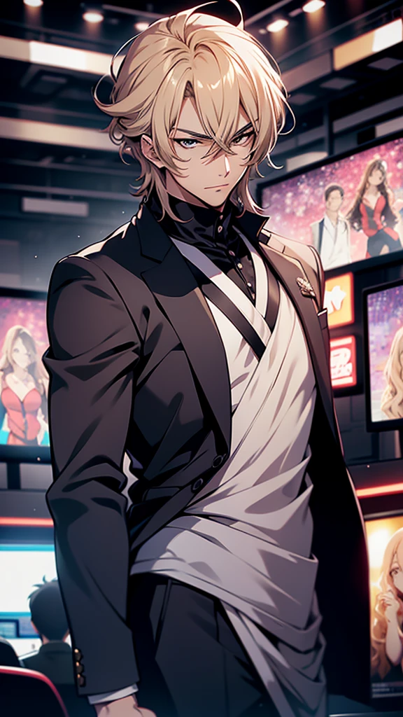 A host，Television， He is nearby, Anime handsome man,  Looking at the audience, high resolution, Super sharp, 8K, masterpiece