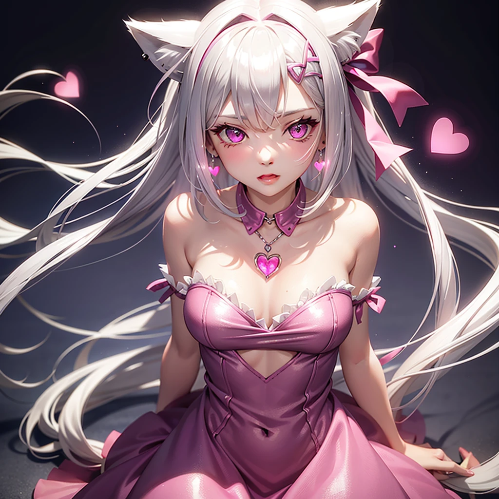 Silver hair, pink eyes, body, cat ears, girl, earrings, heart background fantasy, hot pink dress uniform, hair bows, cat in background