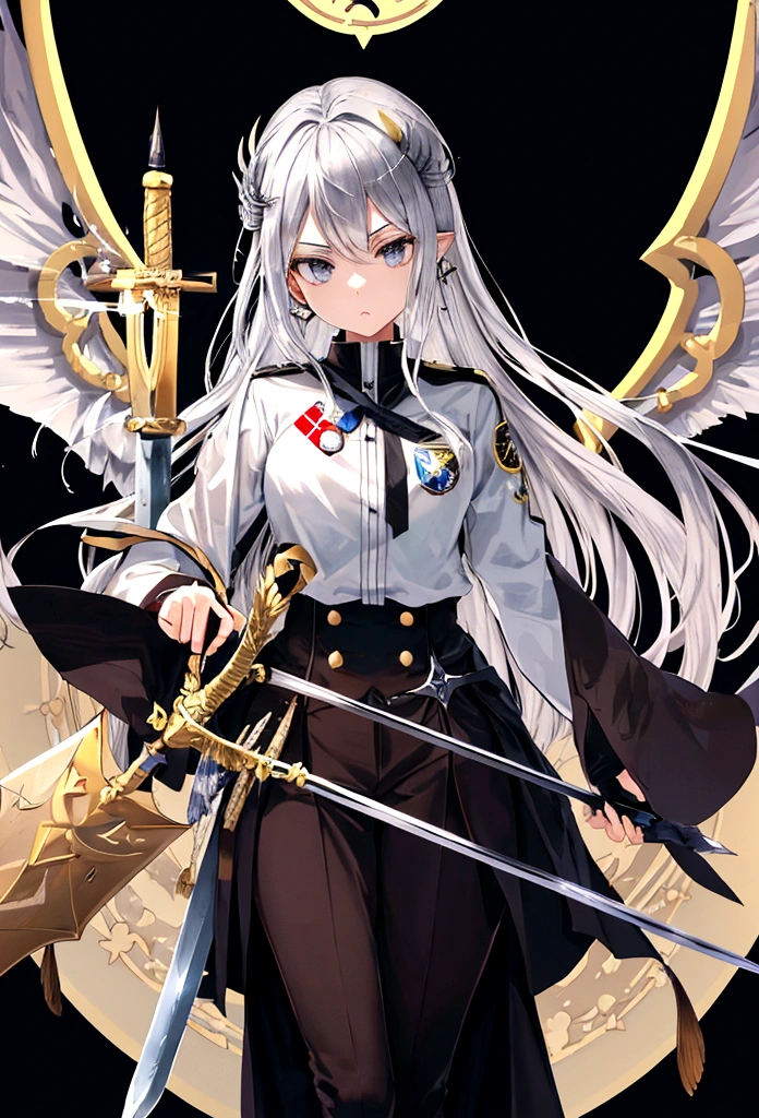 (Game achievement badge design),silver medal,Flat 2D Effect,Wheat fringe spikes,(The center of the emblem is the wings、There is an icon at the intersection of sword and spear)、Sword and Sorcery