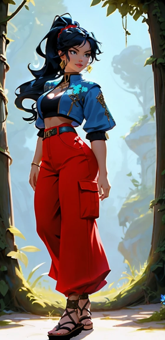 Barbarian Druid outfit, woodland armor, flowers and vines made into an outfit, Solo, female, slightly muscular, slightmuscle, big blue eyes, fantasy outfit, forest, pants, cropped jacket, modest clothingBlack hair, Black curly long hair in a ponytail, light blue eyes, tall and Toned woman, Barbarian woman, full body, aesthetic, beautiful woman,fantasy clothing, (masterpiece, best quality:1.2), solo, 1girl, smile, looking at viewer, ponytail, sandals, bare arms, no sleeves, red and blue outfit, cargo pants, red shirt, blue pants, gold accessories, light skin, bright blue eyes, wearing a battle dress
