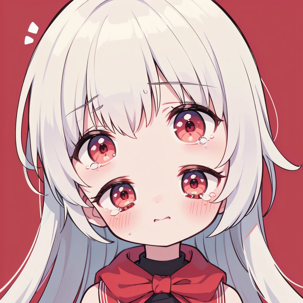 超A high resolution,(best quality,highres,masterpiece:1.2), white hair,1girl,soft lighting, red eyes, warm color tones, perfect lighting, chibi, red cheeks, simple background, crying, emoji, emotional