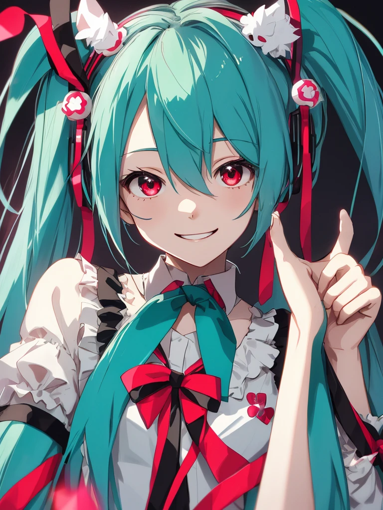hatsune miku, yandere, cute, cat ears, smiling, red eyes