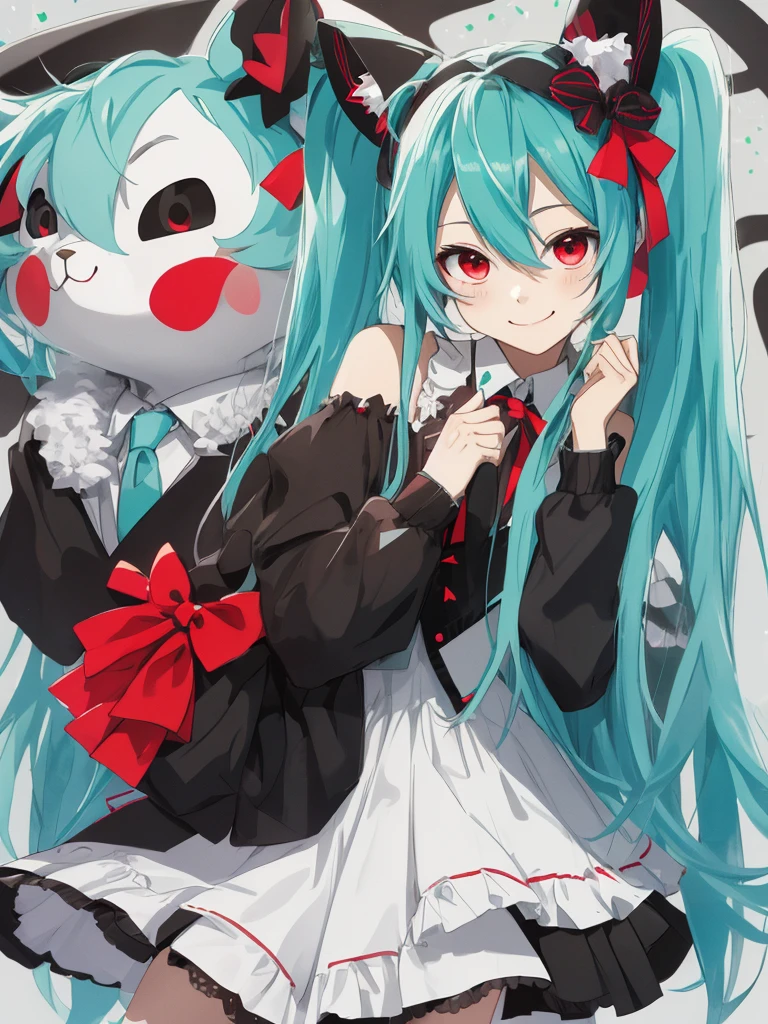 hatsune miku, yandere, cute, cat ears, smiling, red eyes