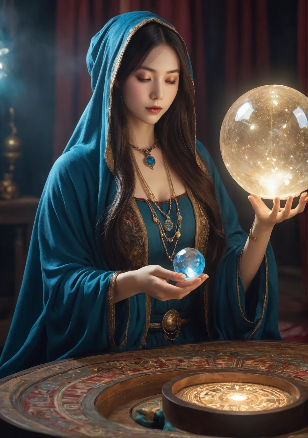 Female fortune teller. Body and face orientation: frontal. Charming, beautiful and mysterious. She wears a blue cloak and has a clear face. The atmosphere is bright and glittering, full of anxiety and anticipation. The fortune teller is standing. He holds a crystal ball in his right hand. The lighting in the room is bright, creating a fantastic atmosphere. Best picture quality, 4K or 8K resolution. The level of detail is very fine and realistic, almost photorealistic. Artistic style should reflect the aesthetic of the formula with bright colors and strong contrasts. The color palette should emphasize the mysterious and mystical theme of the piece. The fortune teller's cloak is embellished with metal trim and intricate designs with a thickness ratio of 1.5. The overall atmosphere is starry and magical. The expression on the fortune teller's face should evoke mystical interest.