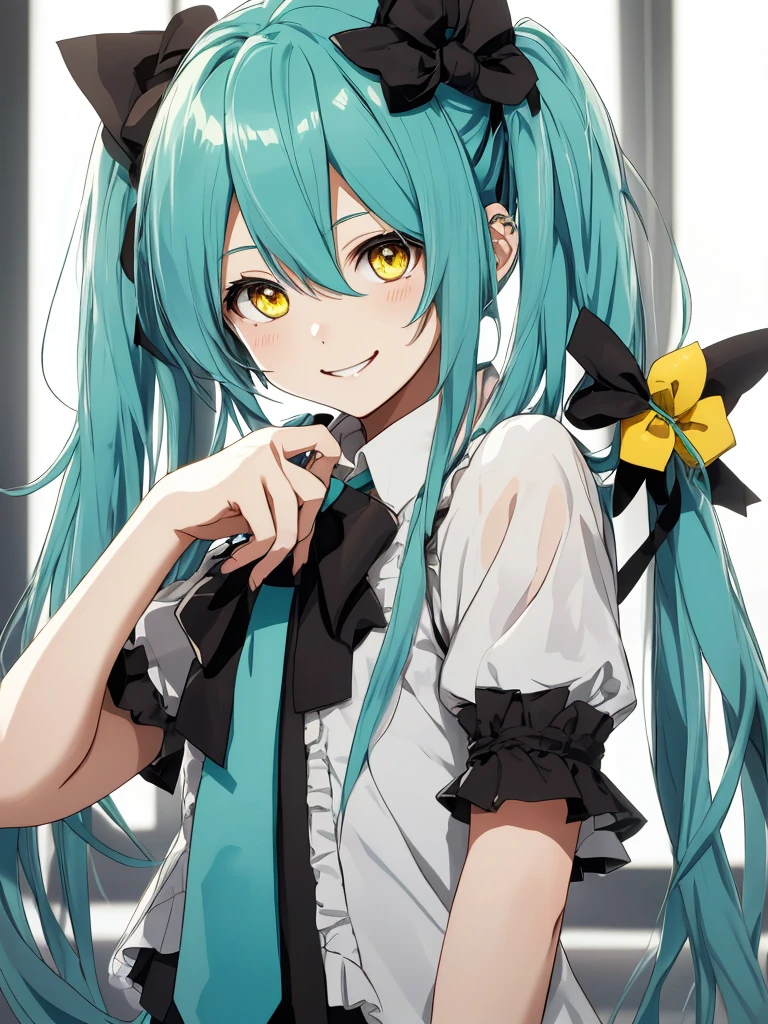 hatsune miku, yandere, cute, cat ears, smiling, yellow eyes