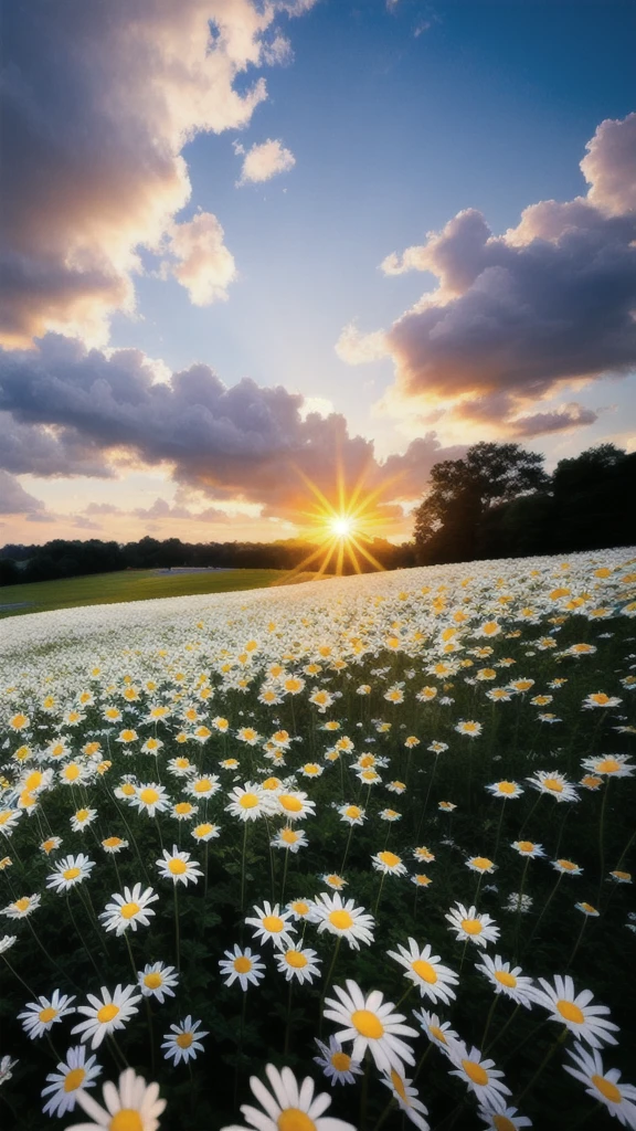 Countless little daisies, Blue sky, Texture white clouds, sunset sun,