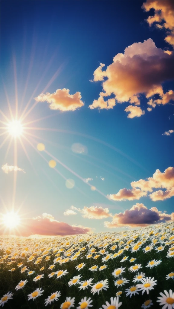 Countless little daisies, Blue sky, Texture white clouds, sunset sun,