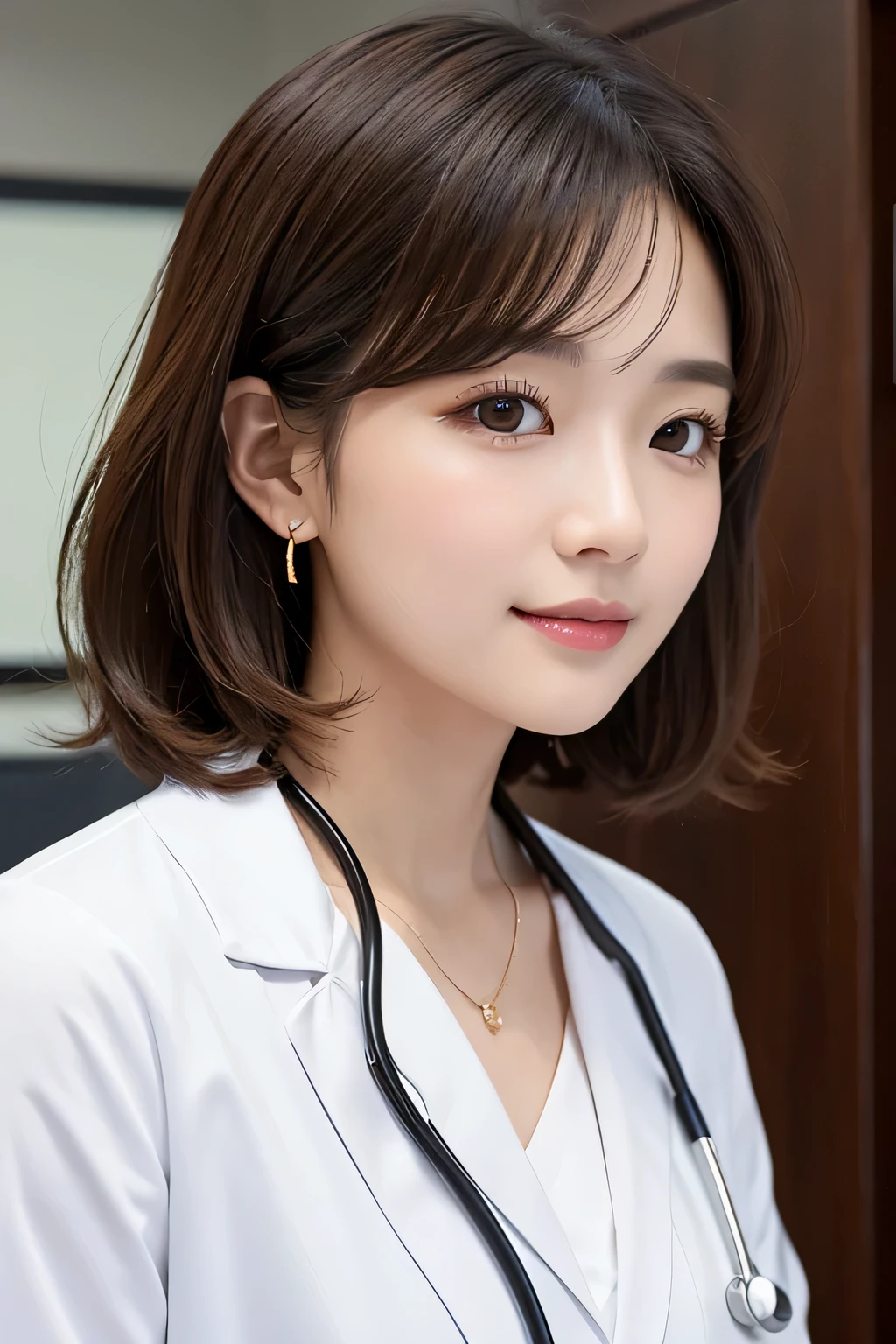 Beautiful young woman、 Korean women、Light brown hair、Necklace around the neck、White、Doctor's clothing、Stethoscope、Wavy Hair、short hair、Intricate details, Very detailed:1.2), 、 Looking into the camera,The background is the inspection room..、ear piercing
