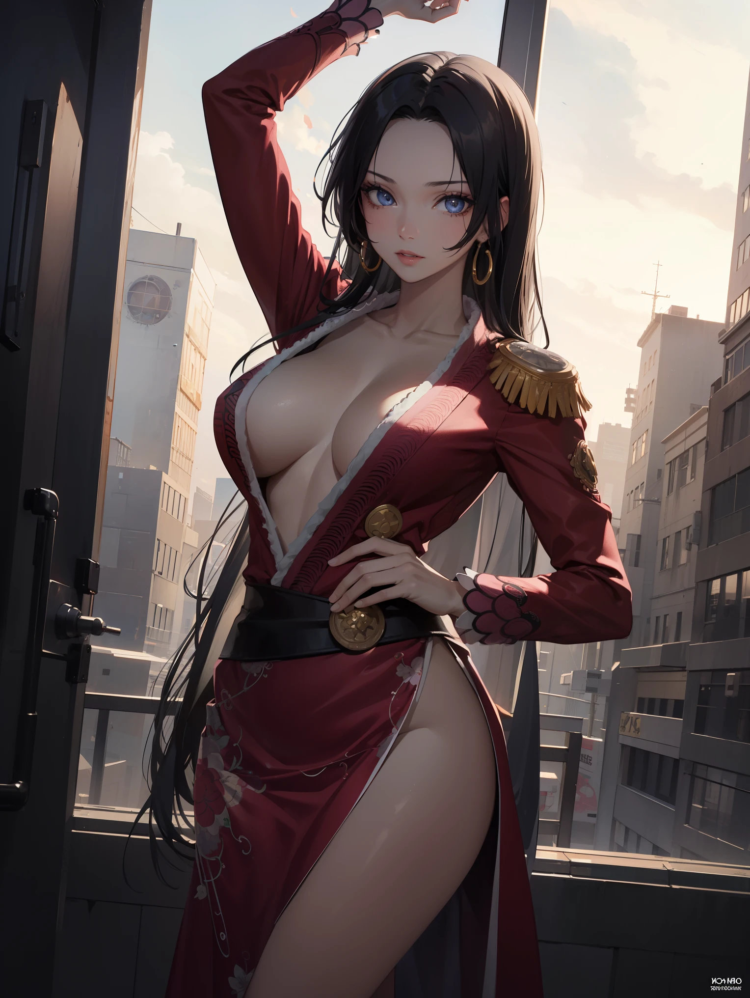 hancock1, 1girl, boa hancock, large breasts, long hair, epaulettes,
BREAK ((Official Outfit:1.5)),
BREAK Cyberpunk_CityView, Before Window, standing at attention,armpits,arm up,
BREAK (masterpiece:1.2), best quality, high resolution, unity 8k wallpaper, (illustration:0.8), (beautiful detailed eyes:1.6), extremely detailed face, perfect lighting, extremely detailed CG, (perfect hands, perfect anatomy),