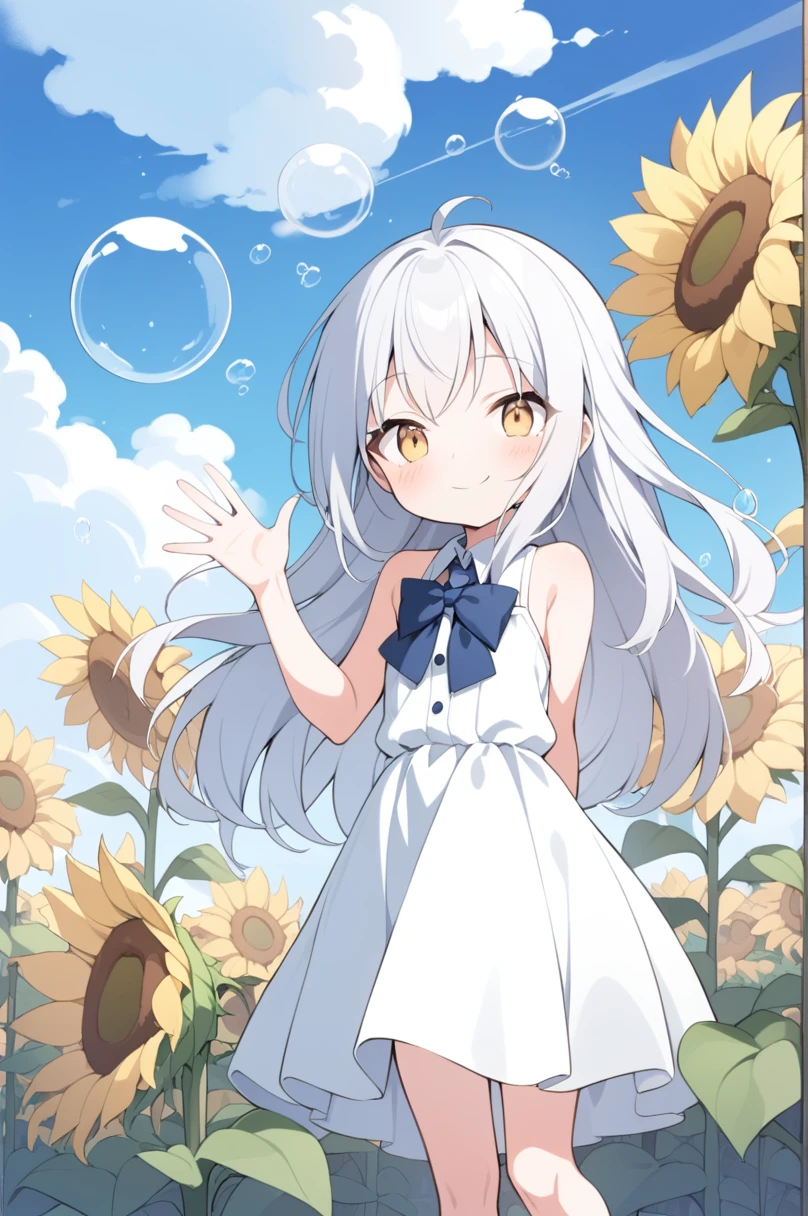(1girl,),white hair,long hair,white dress, sleeveless, bow tie, bare shoulders,evil smile,, sunflowers, standing alone, flowers, plein-air, manga curta,, blue sky, yellow flowers, blush, (bubble), waving, waving arm, arm behind the back,