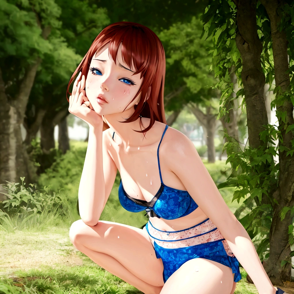 Sweating、Anime girl in a blue bikini sitting on the grass in the park, Realistic Anime 3D Style, Smooth anime CG art, Realistic anime art style, Realistic young anime girl, Photorealistic Animation, Created by Anime Painter Studio, Semi-realistic anime, Painted in an anime artist&#39;s studio, Anime realism style, Attractive anime girl, Semi-realistic anime style, 3D Anime Real