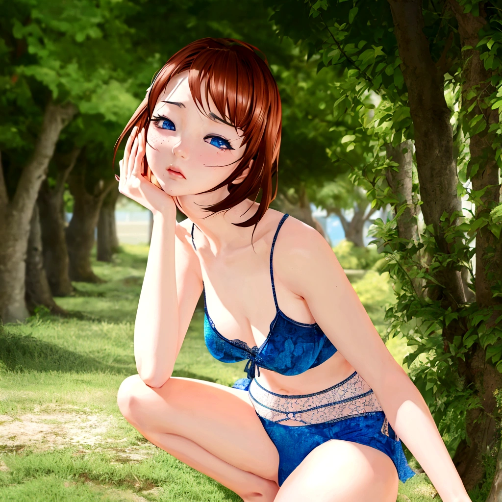 Sweating、Anime girl in a blue bikini sitting on the grass in the park, Realistic Anime 3D Style, Smooth anime CG art, Realistic anime art style, Realistic young anime girl, Photorealistic Animation, Created by Anime Painter Studio, Semi-realistic anime, Painted in an anime artist&#39;s studio, Anime realism style, Attractive anime girl, Semi-realistic anime style, 3D Anime Real