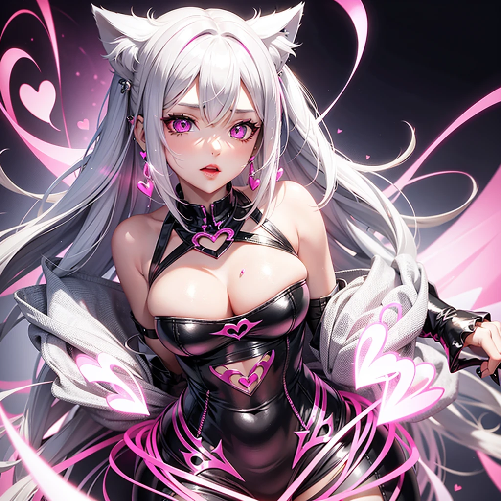 Silver hair, pink eyes, hot pink dress, cat ears, sexy girl, earrings, heart background fantasy, sexy