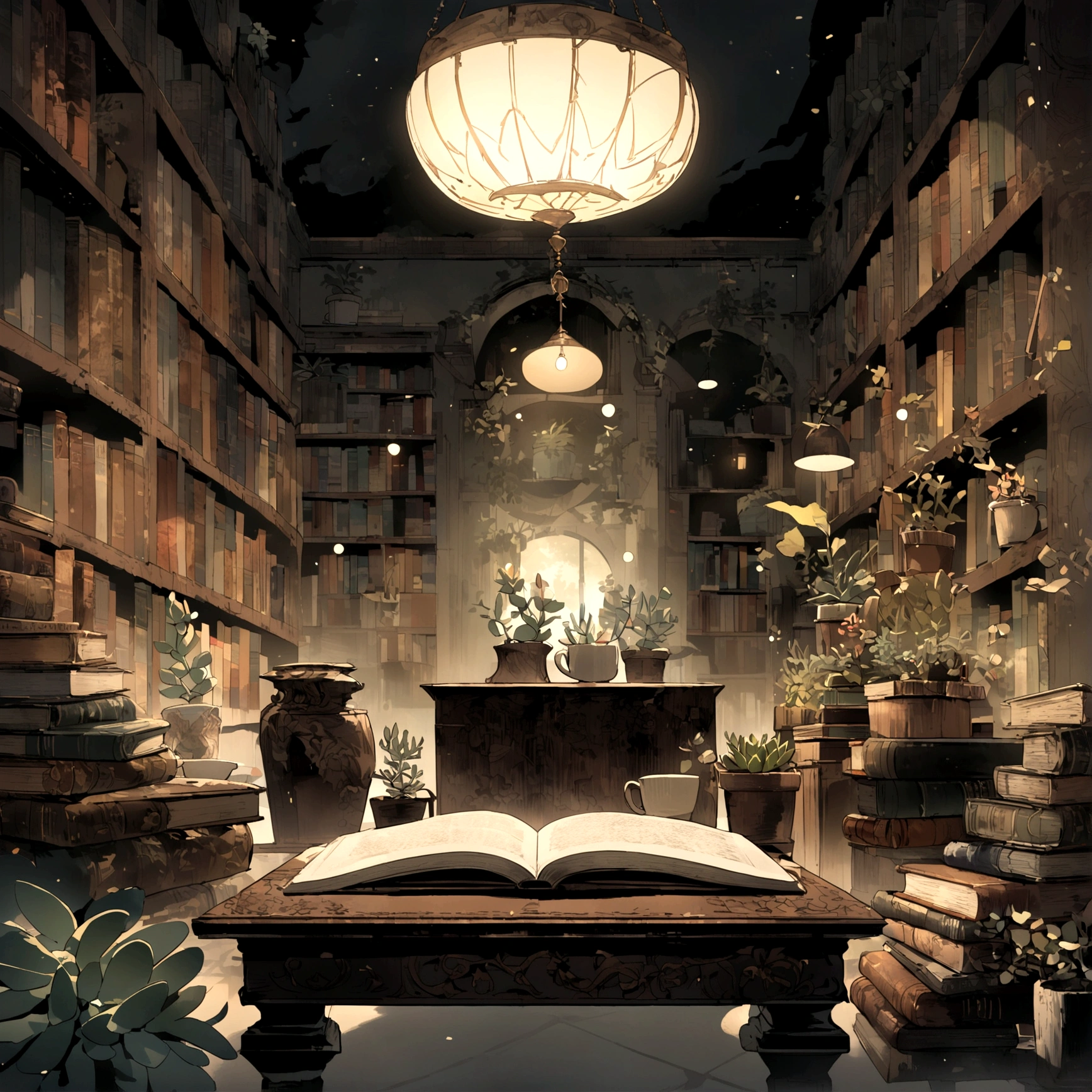 In this enchanting and interactive animated illustration, a gloomy, grandparent-inspired living room comes to life. A bookshelf dominates the scene, filled with an assortment of potted succulent plants, coffee cups, and old, leather-bound books. The central focus is the text 'Books, Plants & Coffee', elegantly displayed in a vintage font. A misty, gothic atmosphere hangs in the air, with the room bathed in soft, eerie lighting. The floral theme is subtly woven throughout, as the succulents and book bindings feature delicate, intricate floral patterns. The whole design is captivating, drawing viewers into the mysterious, vintage world of books, plants, and coffee.