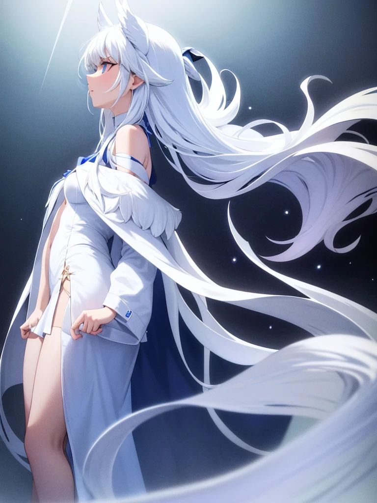 Blue Ribbon, white hair, long hair, wing hair, White wing, off the shoulder coats, white Short dress, full body, concept art, purple inner hair, star eye