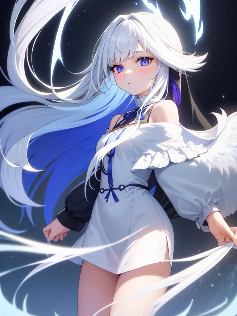 Blue Ribbon, white hair, long hair, wing hair, White wing, off the shoulder coats, white Short dress, full body, concept art, purple inner hair, star eye