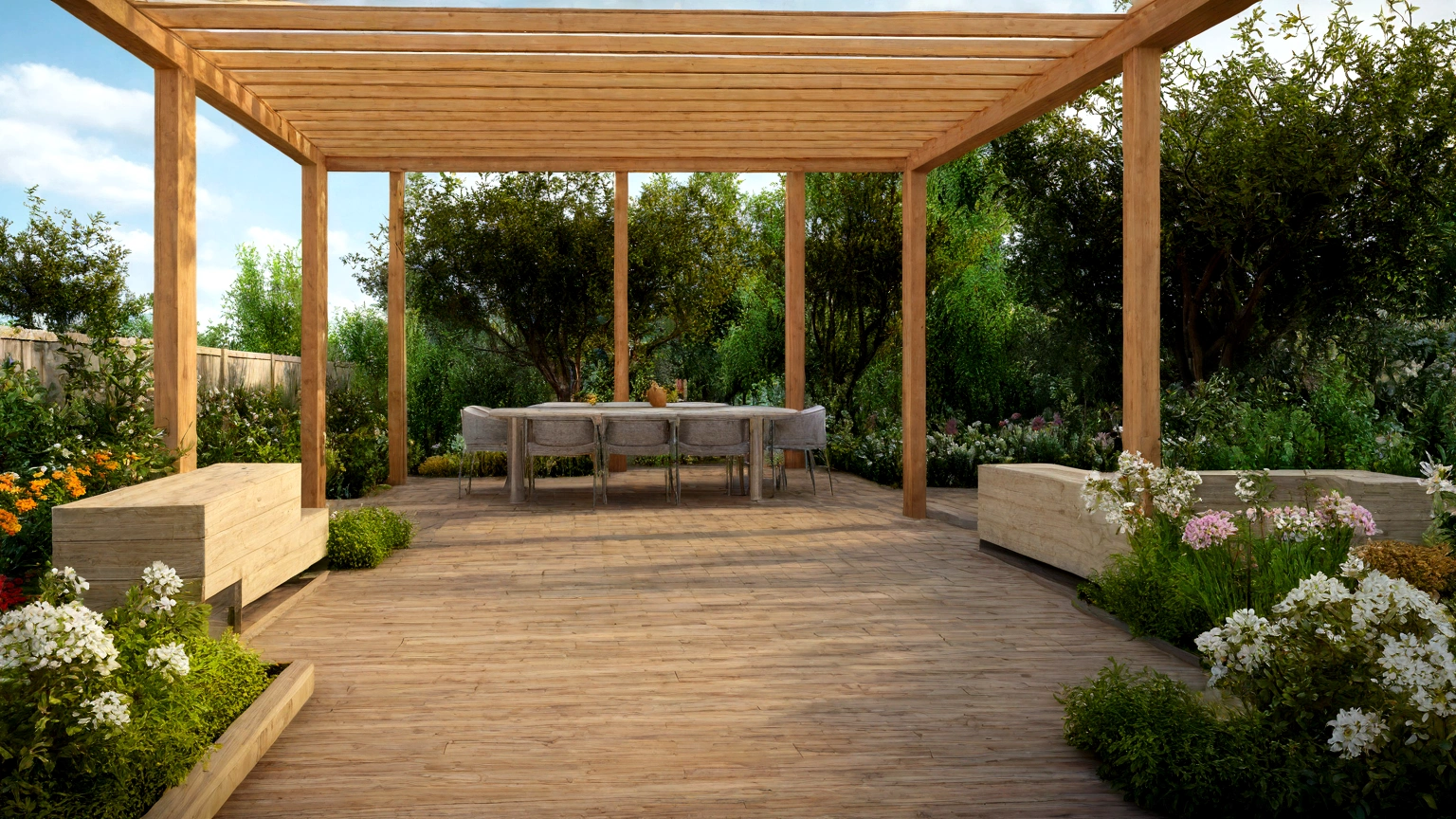 there is a small garden with plants and a wooden structure, rendered in lumion pro, rendered in lumion, enscape render, rendered in enscape, detail render, highly rendered!!, detailed render, plants and patio, lumion render, very detailed render, fully detailed render, rendered in povray, natural realistic render, rendered in unreal engine 6