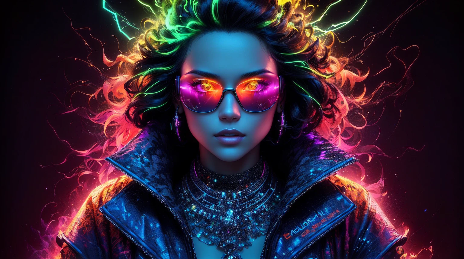 In this extraordinary digital portrait by the incredibly skilled artist MadokPlanet, the central figure is a captivating woman with electrically charged hair that radiates neon shades of green-black and orange. Her composed demeanor exudes cold confidence and an enigmatic aura. Wearing reflective sunglasses with intense pink and orange hues, she conceals her eyes while capturing the vibrant light surrounding her. The sunglasses' reflective surface offers a glimpse of a world teeming with energy and limitless possibilities.

The woman is adorned with a richly detailed jacket, the texture and color of which harmonize with the electric tones that envelop her. MadokPlanet's signature, "MELHORES MUSICAS ANOS 80 90" is prominently displayed on the jacket. The composition showcases a harmonious blend of fashion, 3d render, vibrant, typography, fashion