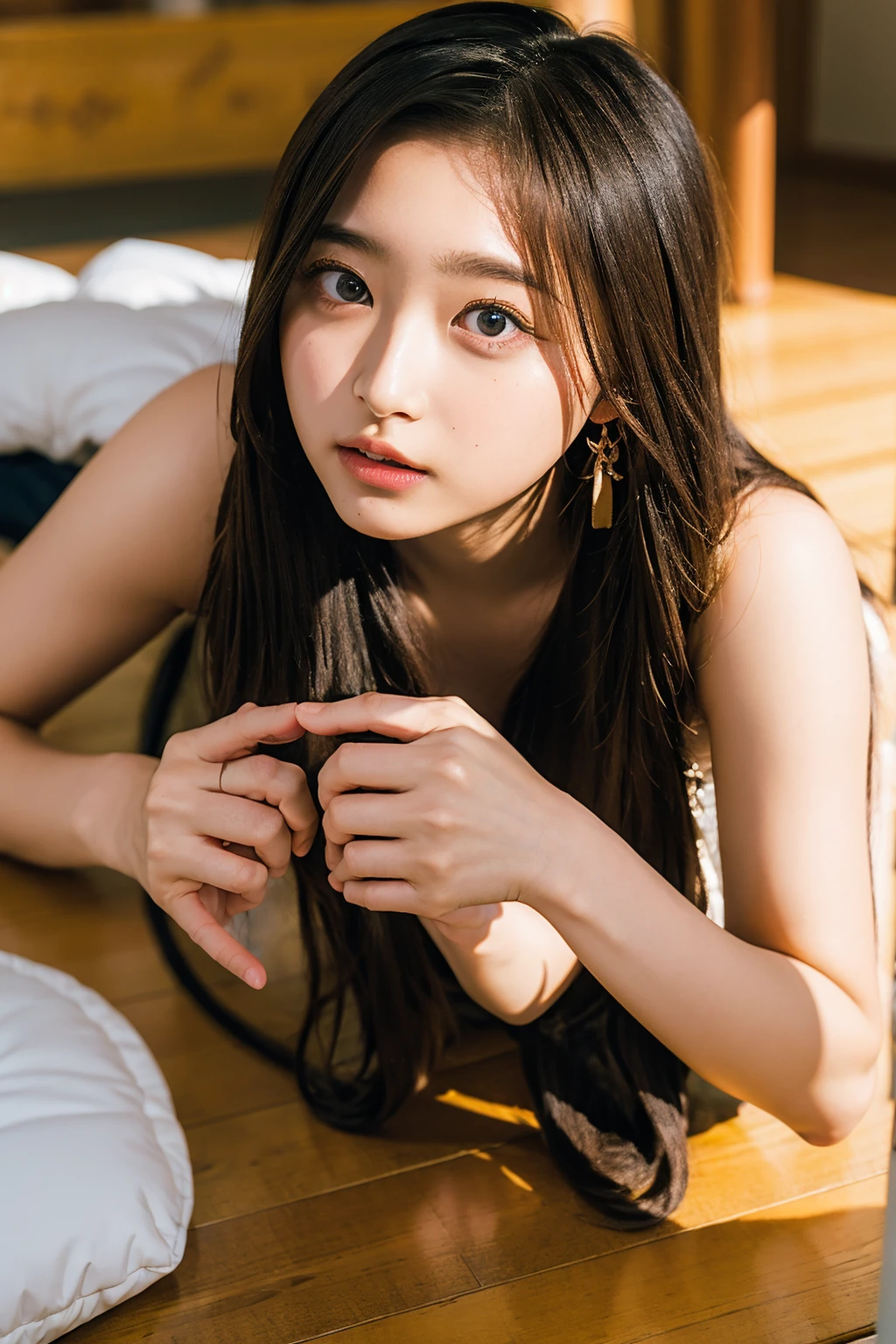 ((((upper body shot)))),((((Nude)))),(((nipples))),Ultra-high resolution,big eyes,Japanese,(a girl),(1 girl),((************)),((cute)),pretty,earring,((facing at viewer)),(long hair),((looking at viewer)),hotel