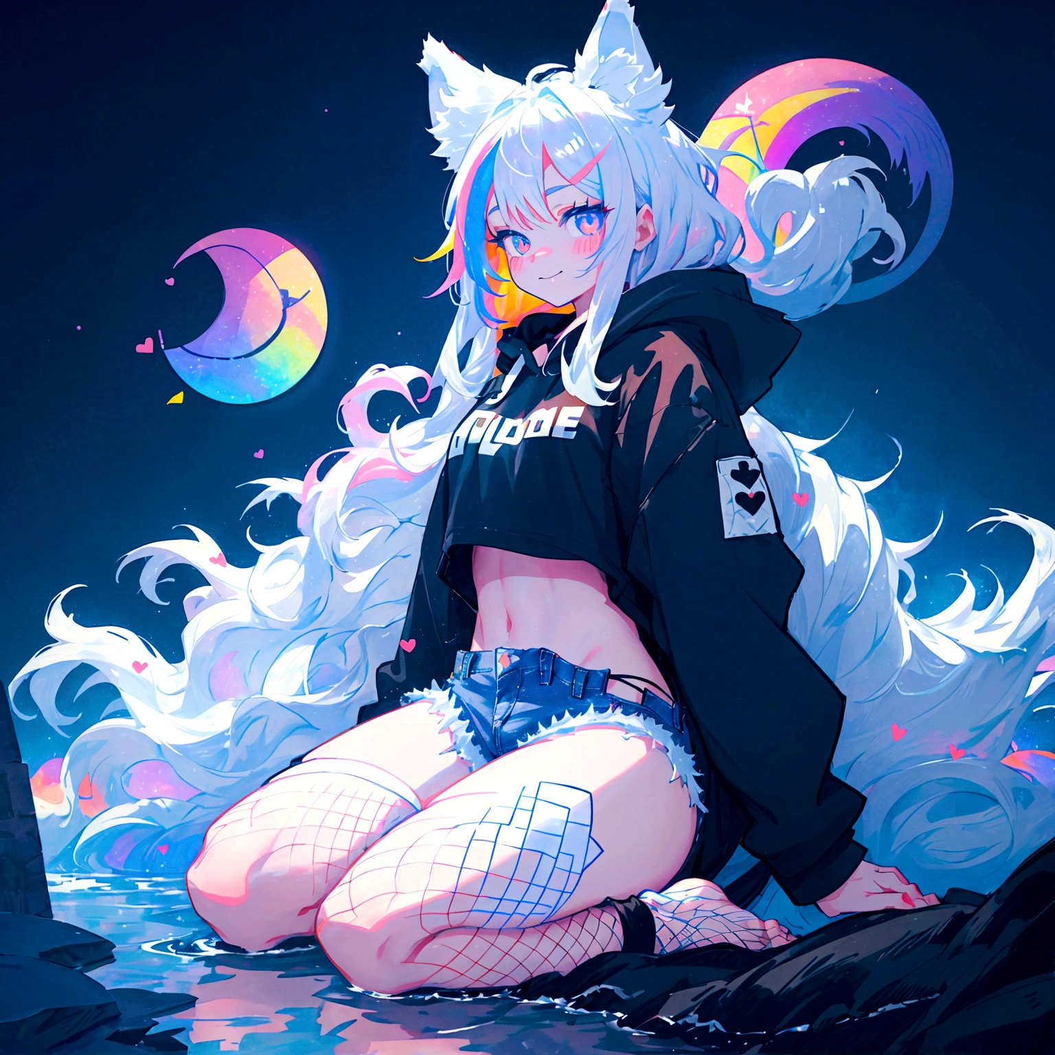 a cute adult male with wolf ears, long white hair, long locks, has a wolf tail, wearing a loose cropped black hoodie, wearing a pair of denim short shorts and fishnet stockings, thick thighs, wide hips, relaxing on mound of fluffy multi colored kawaii plushies, short, very slim, showing slender tummy, heart on hoodie, squishy thighs, has glowing blue eyes. alone, solo (ALONE)(SOLO), surrounded by rainbows, colorful galaxy backround, smiling,