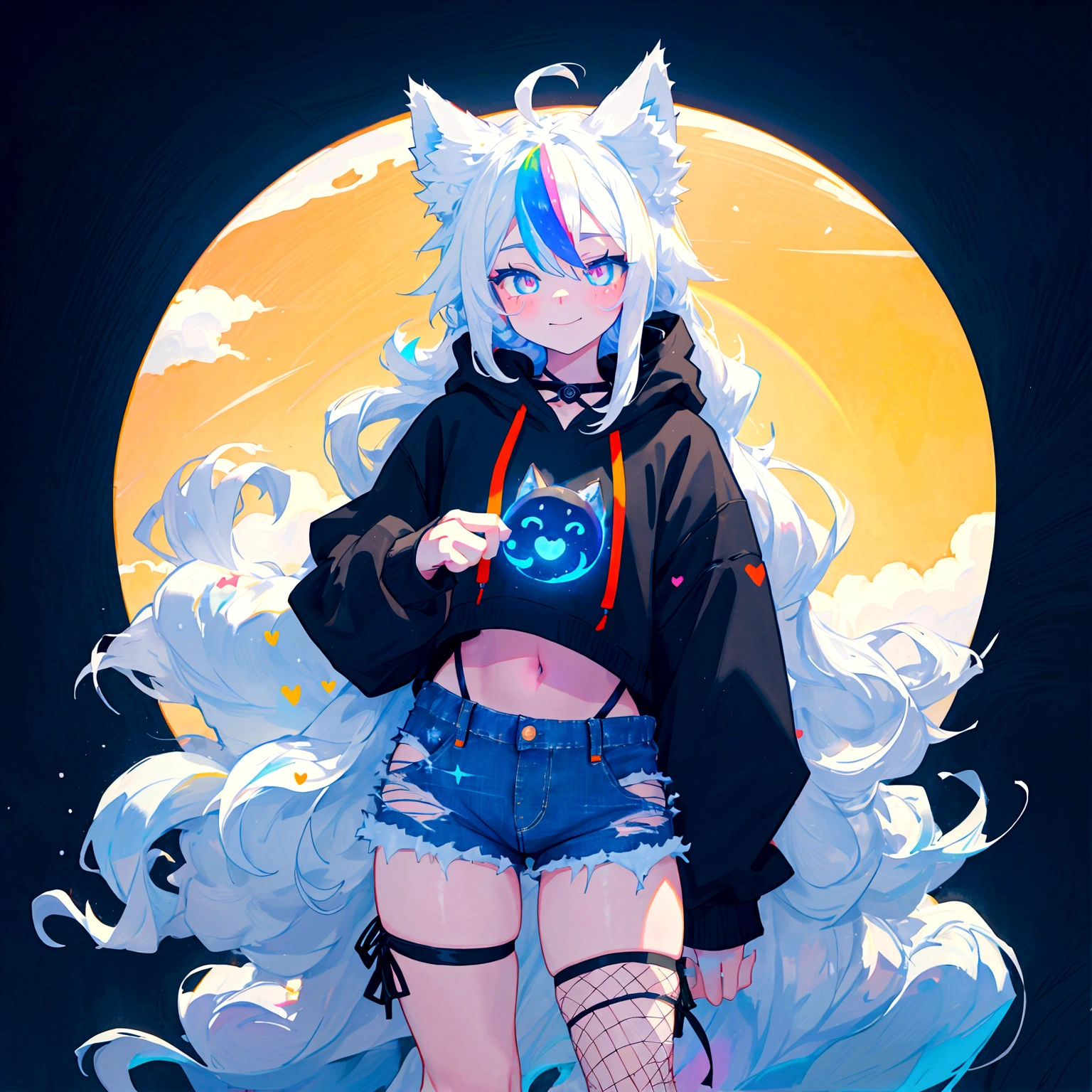 a cute adult male with wolf ears, long white hair, long locks, has a wolf tail, wearing a loose cropped black hoodie, wearing a pair of denim short shorts and fishnet stockings, thick thighs, wide hips, relaxing on mound of fluffy multi colored kawaii plushies, short, very slim, showing slender tummy, heart on hoodie, squishy thighs, has glowing blue eyes. alone, solo (ALONE)(SOLO), surrounded by rainbows, colorful galaxy backround, smiling,