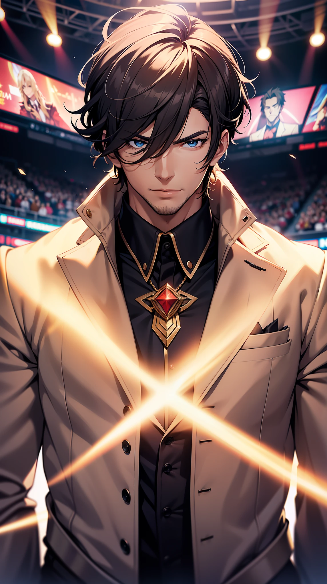 A host,Television, He is nearby, Anime handsome man, Looking at the audience, high resolution, Super sharp, 8K, masterpiece