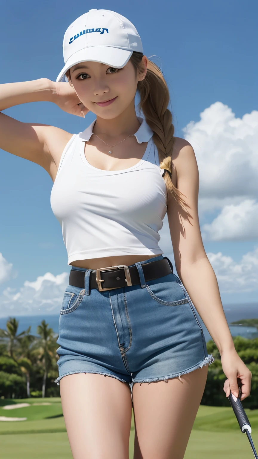 masterpiece、Highest quality、White people、Beautiful golfer、Hawaii、Sea view golf course、bikini tank top、Big Breasts、Usage、Glamour、22 years old、shoes、Shorts with a shallow crotch、belt、Realistic body、Flat stomach、(blonde、Long Hair、ponytail、Golf Cap)、Oval Face、Square chin、Beautiful semicircular eyes、Clear blue eyes、Narrow-mouthed、Thick open lips、A light smile、((stand))、Low angle cowboy shot,