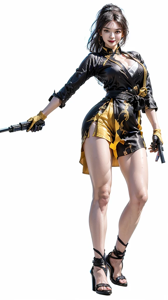 (Top quality,Ultra HD,lifelike: 1.4)(Cowboy Shooter 1),Beautiful armed girl, (K-Pop Idol) ,Detailed face,opposition,Perfect anatomy,Smooth skin,Professional lighting, ((Wearing black and gold short qipao,Black high heels,Wear a high ponytail,Black gloves,Black cloth tied around legs),Victory in battle,Smile of victory(background,Destroyed buildings,Fire, (Huge explosion) ) ,Full body close-up,Turn your back to the audience (Holding weapon, Holding rifle, Purposeing, Purpose:1.2), gun, H&k hk416, 马gun, Fire,