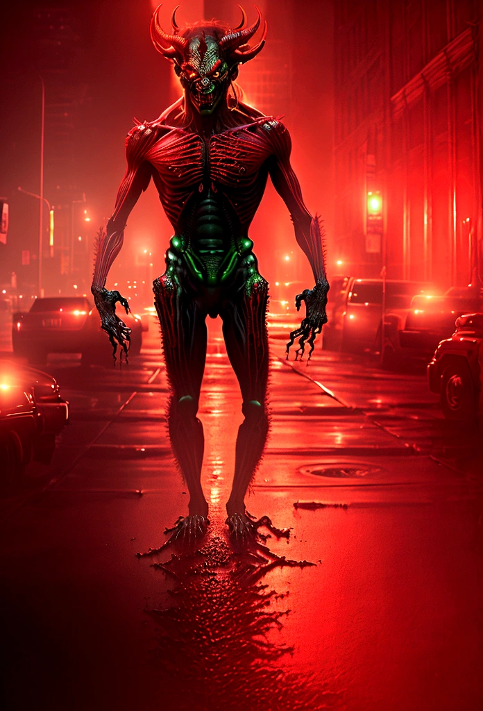 Demon in red background with bright greenish skin and long red eyes moved by hurricane wind with outstretched hand with airbrush