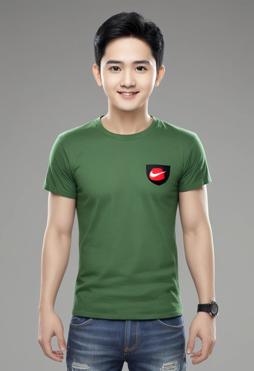 Create a realistic 3D caricature drawing of a full body with a large head. 20 year old male, Indonesian citizen. Random short hair. Oval face shape, firm facial expression, arched eyebrows. Sharp eyes, laughing mouth. Wearing a green t-shirt with thick black embroidery on the edge of the shirt, Owner's logo on the left chest. Worn and torn jeans. Head tilt to the left, tilt to the right. Look straight ahead. Wearing a red watch on his left hand. Wearing dark red Nike sneakers. Stand in Cross Arms pose. The background is a group of women with large breasts. use soft photographic lighting, hair lighting, lighting from above, from the side. High image quality.HD,16k.