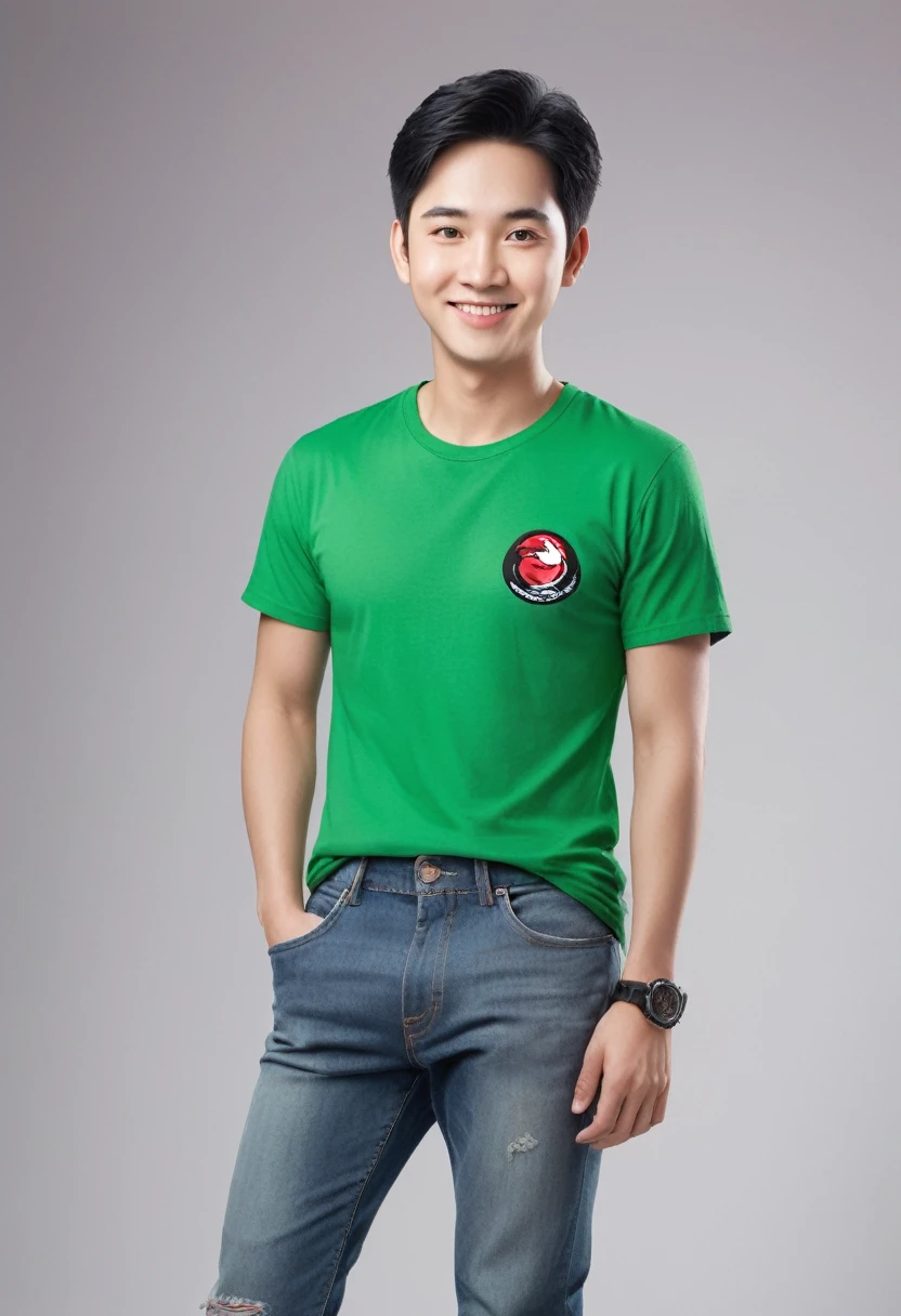 Create a realistic 3D caricature drawing of a full body with a large head. 20 year old male, Indonesian citizen. Random short hair. Oval face shape, firm facial expression, arched eyebrows. Sharp eyes, laughing mouth. Wearing a green t-shirt with thick black embroidery on the edge of the shirt, Owner's logo on the left chest. Worn and torn jeans. Head tilt to the left, tilt to the right. Look straight ahead. Wearing a red watch on his left hand. Wearing dark red Nike sneakers. Stand in Cross Arms pose. The background is a group of women with large breasts. use soft photographic lighting, hair lighting, lighting from above, from the side. High image quality.HD,16k.