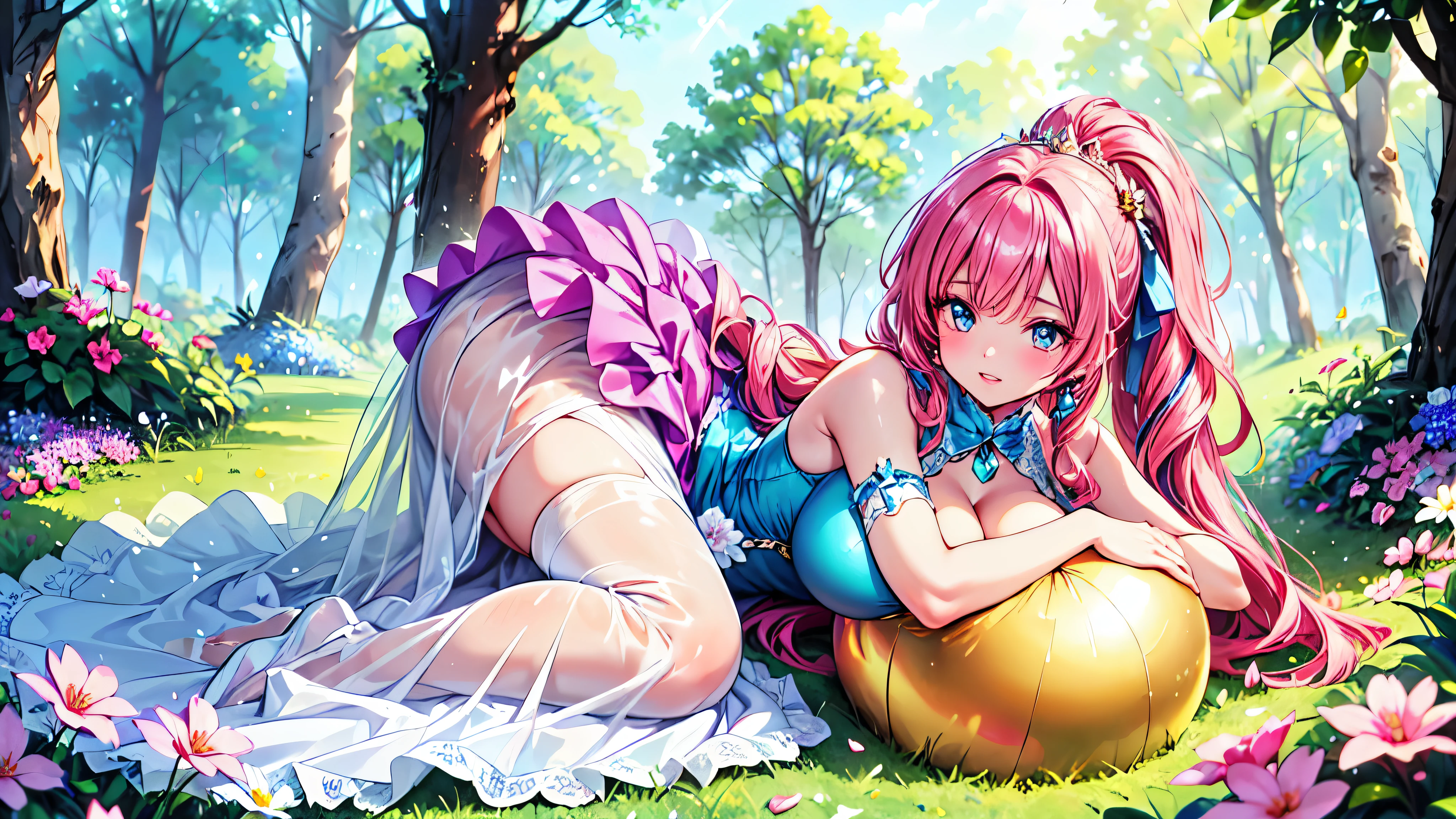 ((Moe anime art style:1.2)), (((masterpiece))), (((best quality))), ((ultra detailed)), (illustration), ((an extremely delicate and beautiful)), ((super detailed skin)), (((8K))), BREAK (((solo girl, A young-looking princess))), (18 years old), ((full body)), ((from front)), (on side in the meadow, lying down surrounded by flowers), BREAK (((Shiny dark pink taffeta))), ((Dense lace, Long train, Lots of frills)), (((Full-length crinoline hoop skirt, Beautiful and luxurious Rococo Victorian ball gown dress))), BREAK (((gigantic breasts))), ((cleavage cutout)), Sweat on the chest, BREAK (((Super delicate and beautiful face))), ((Beautiful Lips, Delicate beautiful eyes)), ((embarrassed))), BREAK bangs, (((Pink Hair, Fluffy ponytail, Curly Hair, Expressive hair, very voluminous long hair))), Beautiful silver and jeweled hair ornaments, BREAK (((nature))), (in forest), ((so many colorful flowers)), ((Flowing petals)), Particles of light pouring down, (light sparkles:1.5), (light leaks:1.5),