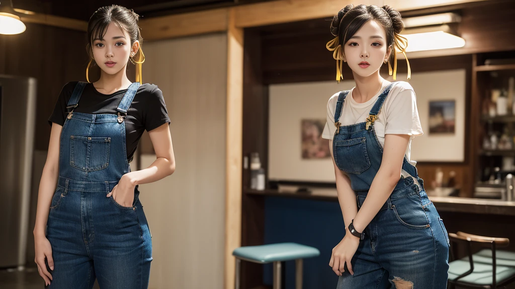 (work of art, best qualityer:1.4), (standing:1.5), 1 , standing alone, Primavera Shunfa, BLUE regatta, overalls, blue pants, overalls, yellow ribbon, shorth hair, tennis, bared shoulders, (Young women in Europe:1), view the viewer, beautiful smile, beautiful face, high-detailed face, highly detailed eye, underground dispersal, realisitic pupils, full-face blush, full and plump lips, detailed back ground, Depth of field, volumetric lighting, sharp focus, absurderes, realisitic proportions, (realisitic, hiperrealisitic:1.4), 16k HD