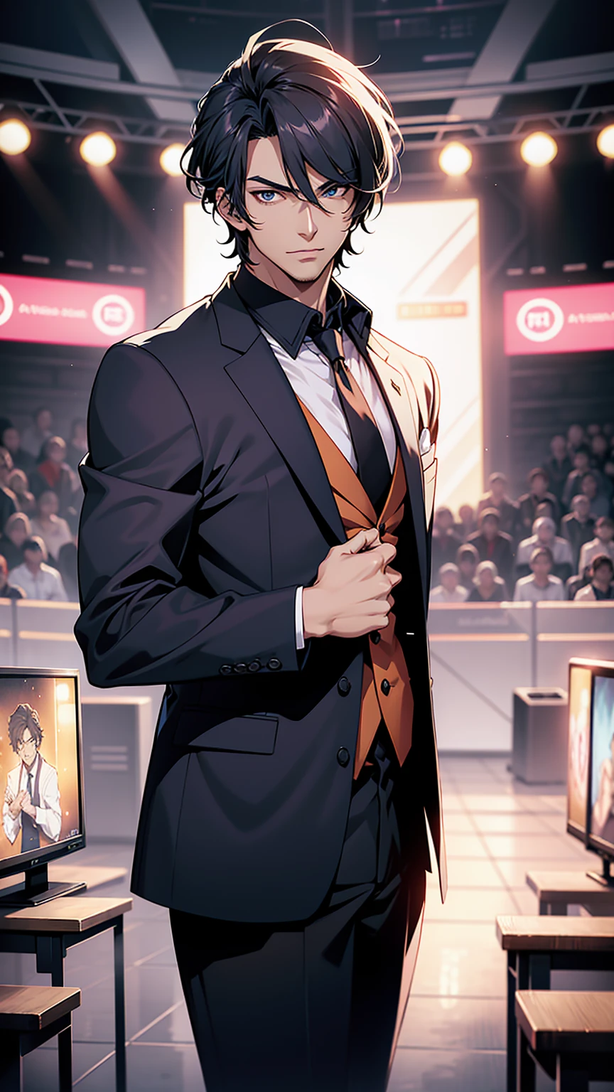 A host,Television, He is nearby, Anime handsome man, Looking at the audience, high resolution, Super sharp, 8K, masterpiece