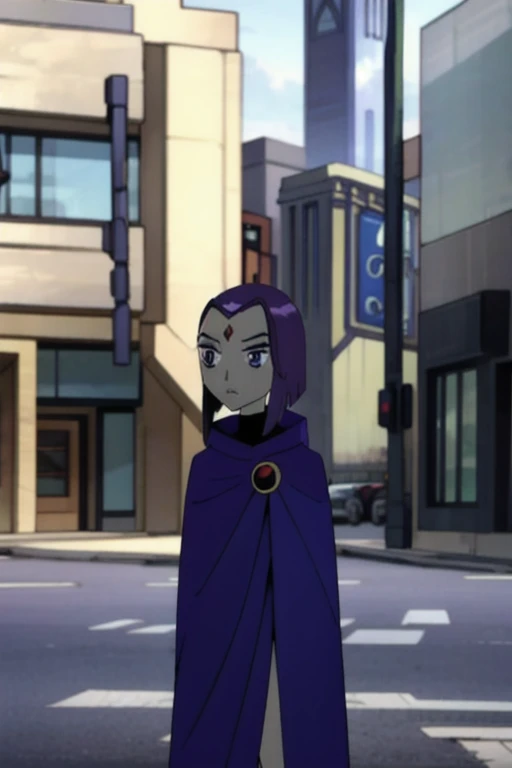 raven (dc), girl1, solo, purple eyes, grey skin, forehead jewel, blue cape, blue cloak,best quality, masterpiece