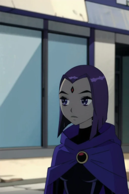 raven (dc), girl1, solo, purple eyes, grey skin, forehead jewel, blue cape, blue cloak,best quality, masterpiece