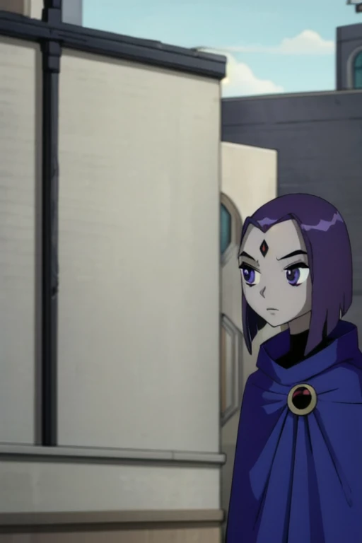 raven (dc), girl1, solo, purple eyes, grey skin, forehead jewel, blue cape, blue cloak,best quality, masterpiece 