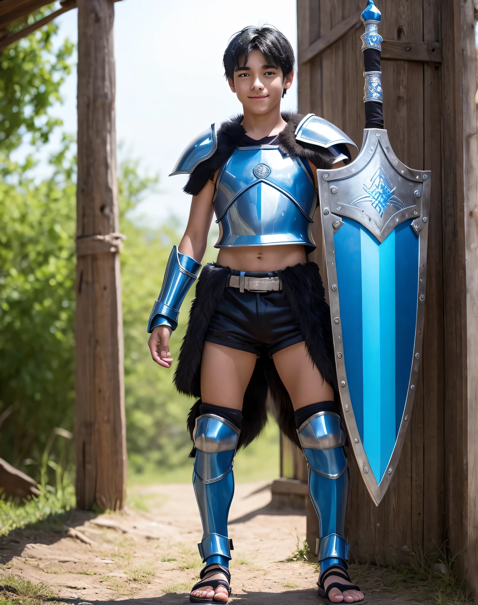 Young 13-year-old boy with black hair and brown eyes, innocent and happy, dressed in short neon-blue medieval barbarian clothes, fur shorts, light-blue battle armor, weilding silver sword and shield, sandals; fullbody; short hair, boyish athletic, sexy,