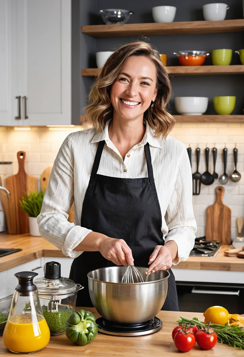 A smiling woman cooking in a well-equipped studio kitchen, pouring ingredients into a mixing bowl, with the background filled with neatly organized kitchen gadgets and utensils, highlighted by professional studio lighting