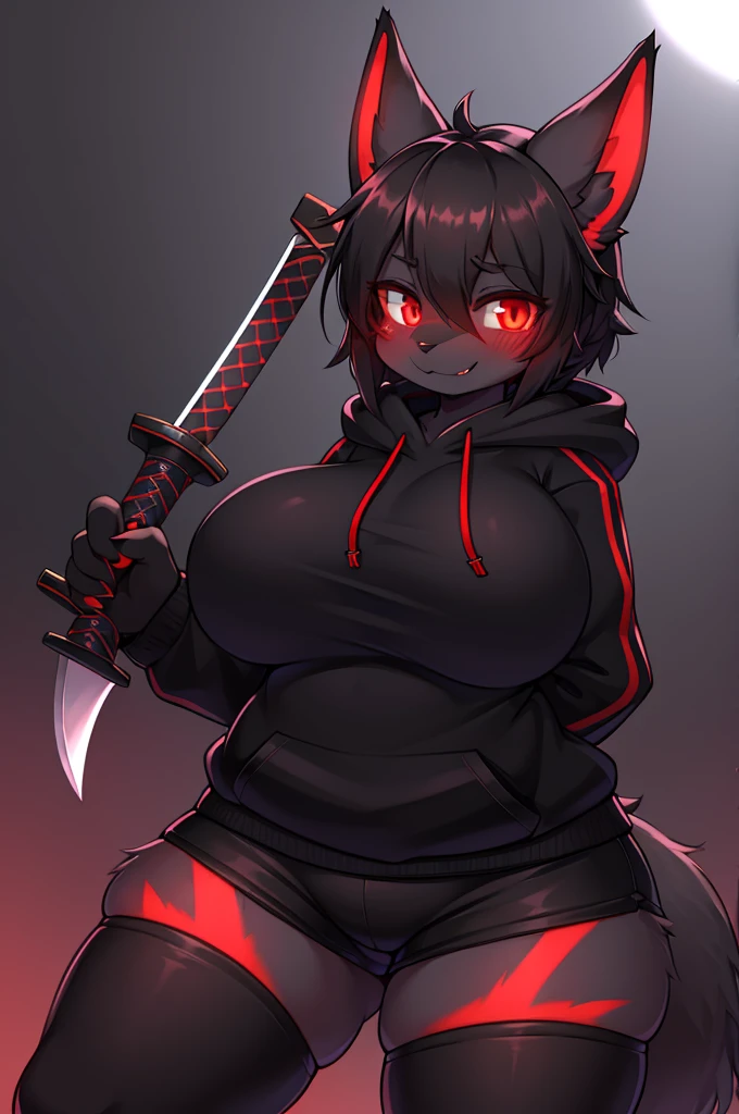 Furred dragon [black fur], 1 girl, undersized black hoodie, undersized black shorts, massive breasts, black body fur, black ears, red glowing eyes, Shadow Katana, dark area, dark aura, smiling, looking at you, blushing